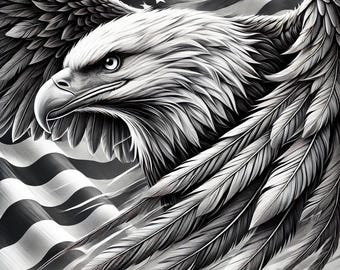 Puede incluir: Una ilustración en blanco y negro de un águila calva con las alas extendidas, volando sobre una bandera estadounidense. La cabeza del águila está girada hacia un lado y sus ojos están fijos en algo en la distancia.