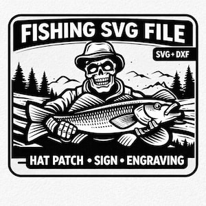 Walleye Fishing SVG, Skull Angler svg, Fisherman SVG File, Laser Engraving Design, Hat Patch PNG