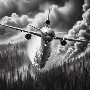 May include: Black and white illustration of a jet aircraft flying over a forest, releasing a stream of water or fire retardant. The plane is in mid-flight, with smoke and clouds in the background. The image evokes themes of firefighting and aerial support.