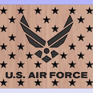 May include: A wooden plaque with a black silhouette of the U.S. Air Force emblem and the words "U.S. AIR FORCE" surrounded by 48 black stars.