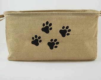 pawprints, natural jute basket, pet storage, dog toy bin, pet food bin, pet accessories organizer, jute basket, organizer bin, toys