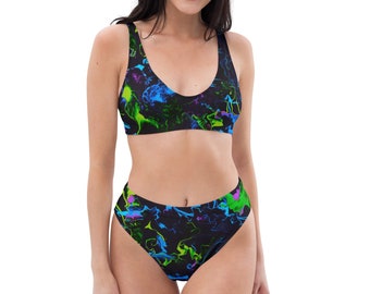 Neon Vapors 2 Recycled High-Waisted Bikini, Rave Bikini Set, Festival Outfit