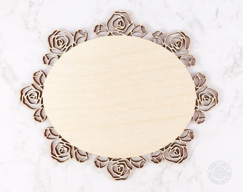 Floral Wood Frame, Vintage Roses Wood Cut Out, Oval Frame cutout, LRFS102W