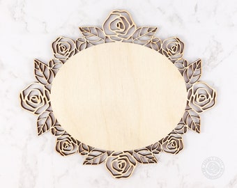 Floral Wood Frame, Vintage Roses Wood Cut Out, Oval Frame cutout for crafting, LRFS202W