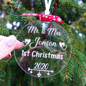 Personalized Mr and Mrs 1st Christmas Etched Ornament, First Christmas Together Ornament, Custom Clear Acrylic Newlywed Christmas Ornament