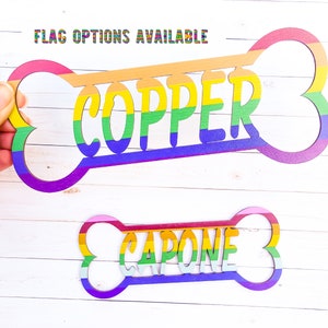 Pride Dog Name Sign, LGBT Dog Name Plate, Personalized Dog Name Plaque, Custom Dog Bone shape sign, Rainbow Flag wood sign