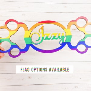 Pride Dog Name Sign, LGBT Dog Name Plate, Personalized Dog Name Plaque, Custom Dog Paw shape sign, Rainbow Flag wood sign