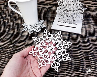 Snowflake Coasters Set, Holiday drink coasters, Wood laser coasters