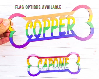 Letrero con el nombre de tu perro del Orgullo, Placa con el nombre de tu perro LGBT, Placa personalizada con el nombre de tu perro, Letrero personalizado con forma de hueso para perro, Letrero de madera con la bandera del arcoíris