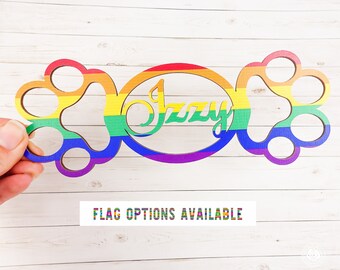 Letrero con nombre para perro del Orgullo, Placa con nombre para perro LGBT, Placa personalizada con nombre para perro, Letrero personalizado con forma de huella de perro, Letrero de madera con la bandera del arcoíris