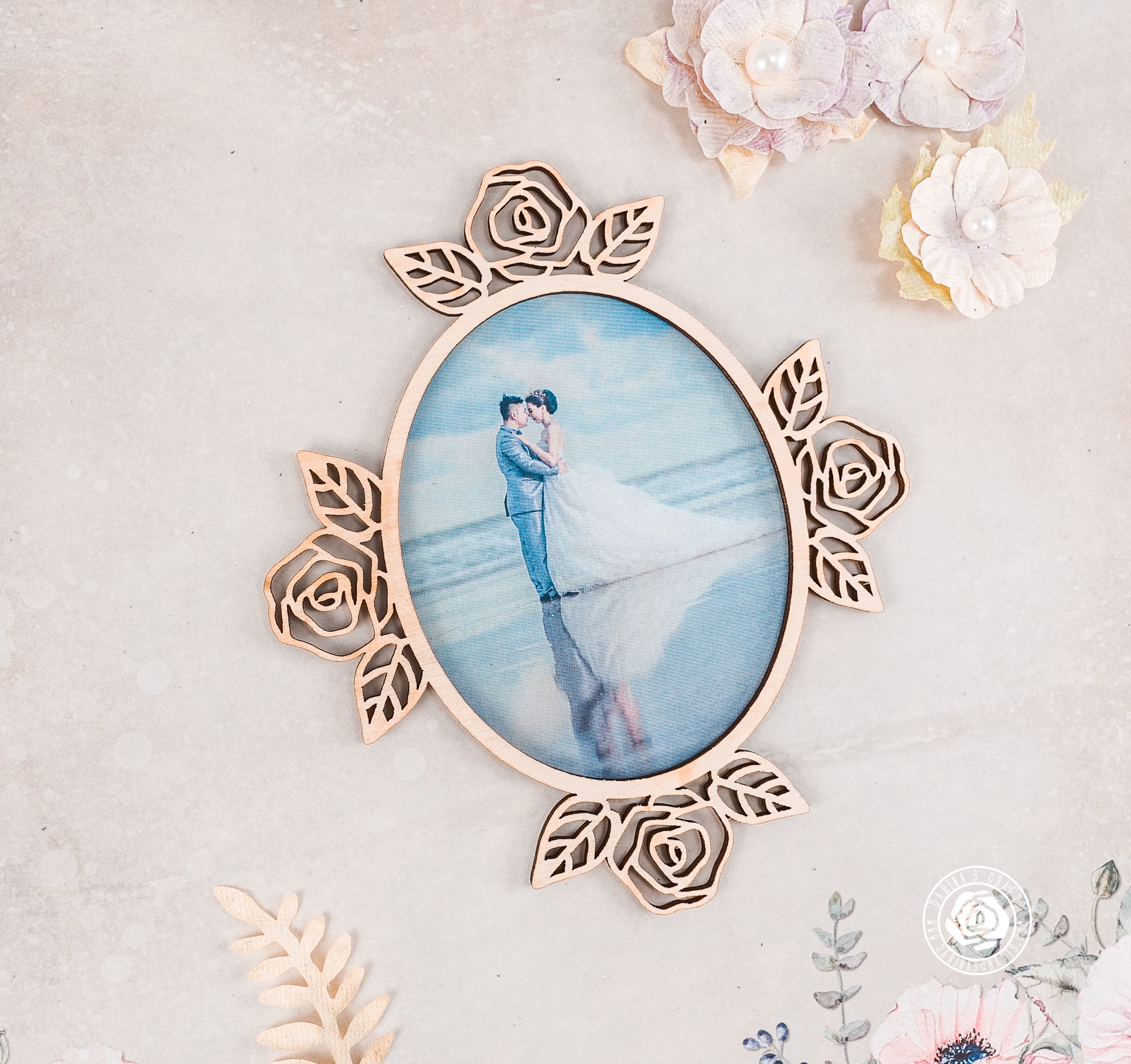 Wooden Roses Frame Floral Wood Frame, Vintage Roses Wood Cut Out, Oval Frame Cutout ...