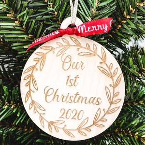 Personalized Our 1st Christmas Etched Ornament, First Christmas Together Ornament, Custom Wood Newlywed Christmas Ornament