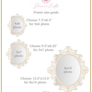 May include: A guide for choosing the right size frame for photos. The guide shows three different sizes of frames with the corresponding photo sizes: 4x6 inches, 5x7 inches, and 8x10 inches. The frames are made of wood and have a delicate rose design.