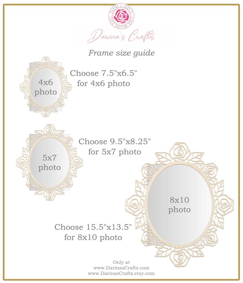 May include: A guide for choosing the right size frame for photos. The guide shows three different sizes of frames with the corresponding photo sizes: 4x6 inches, 5x7 inches, and 8x10 inches. The frames are made of wood and have a delicate rose design.