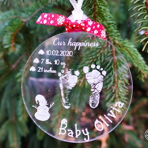 Baby Footprint Ornament, Baby Name Christmas Ornament, Newborn Actual Footprint Clear Acrylic Engraving