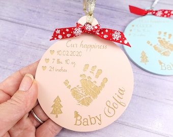 Baby Handprint Ornament, Baby Name Christmas Ornament, Actual Newborn Hand Print Wood Engraving