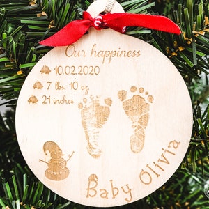 Baby Footprint Ornament, Baby Name Christmas Ornament, Actual Newborn Footprint Wood Engraving