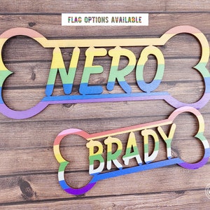 Pride Dog Name Sign, LGBT Dog Name Plate, Personalized Dog Name Plaque, Custom Dog Bone shape sign, Rainbow Flag wood sign