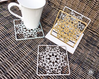 Snowflake Coasters Set, Square drink coasters, Wood laser coasters