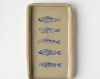 Sardine Jewelry Tray, Fish Jewelry Tray, Fish Stamped Catch-All Tray, Handmade Catch-All, Sardine Ceramic Dish, Fish Home decor, Blue Fish