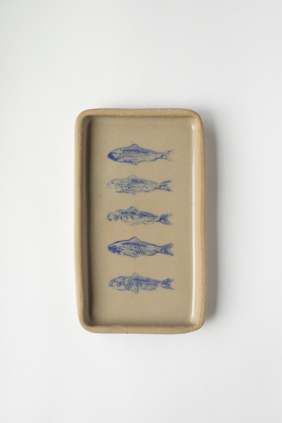 Sardine Jewelry Tray, Fish Jewelry Tray, Fish Stamped Catch-All Tray, Handmade Catch-All, Sardine Ceramic Dish, Fish Home decor, Blue Fish