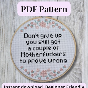 Peut inclure: Un tambour à broder circulaire en bois contenant un tissu blanc avec un motif au point de croix. Le texte "Don't give up you still got a couple of Motherfuckers to prove wrong" est brodé en noir, entouré de petits motifs floraux roses et verts.