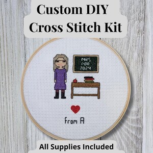 Kit de broderie au point de croix personnalisé avec portrait d'enseignant, kit de broderie DIY à faire soi-même, cadeau de Noël