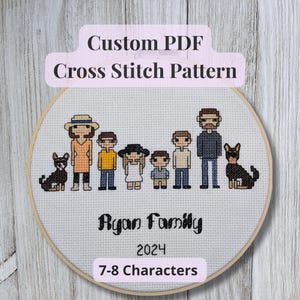 Padrão de ponto cruz familiar personalizado em PDF, gráfico de 7 a 8 personagens, animais de estimação, crianças e adultos no estilo Stitch People