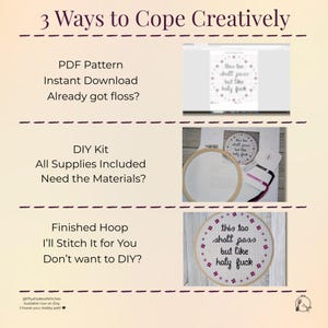 May include: Three options for purchasing a cross-stitch embroidery hoop with the phrase "This too shall pass but like holy fuck". The options are a PDF pattern, a DIY kit with all supplies included, or a finished hoop.