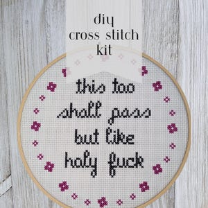 May include: A white embroidery hoop with a cross stitch design that reads "this too shall pass but like holy fuck". The hoop is surrounded by a wooden frame and has pink flower accents.