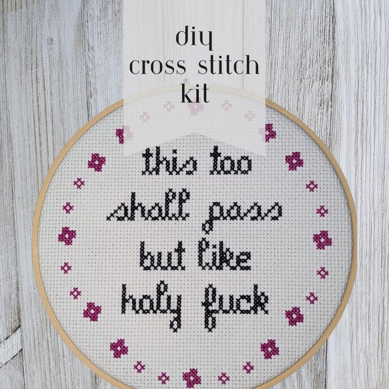 May include: A white embroidery hoop with a cross stitch design that reads "this too shall pass but like holy fuck". The hoop is surrounded by a wooden frame and has pink flower accents.