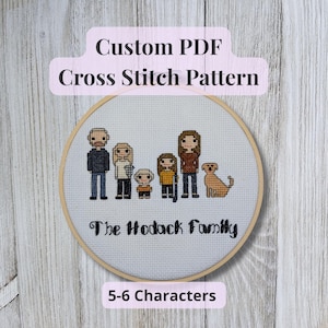 Padrão de ponto cruz de família personalizado em PDF, 5 a 6 caracteres, retrato de pessoas em pixel personalizado, design de pessoas em ponto bordado faça você mesmo