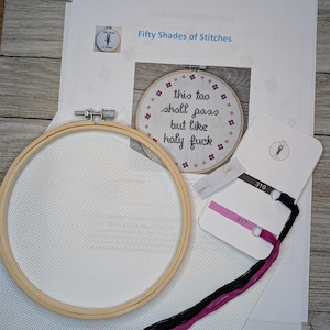 May include: A cross-stitch embroidery kit with a white Aida cloth, a wooden embroidery hoop, pink and black embroidery floss, and a printed pattern that reads "this too shall pass but like holy fuck".