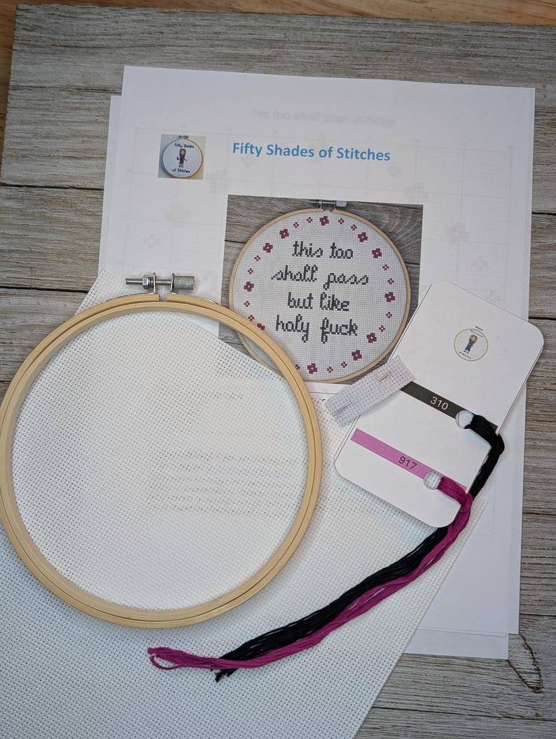 May include: A cross-stitch embroidery kit with a white Aida cloth, a wooden embroidery hoop, pink and black embroidery floss, and a printed pattern that reads "this too shall pass but like holy fuck".