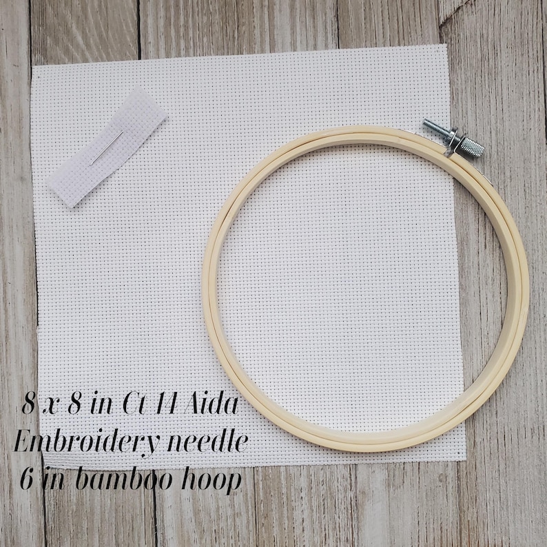 May include: An 8x8 inch piece of white 14 count Aida cloth, a 6 inch bamboo embroidery hoop, and an embroidery needle.