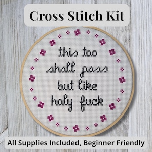 Snarky DIY Cross Stitch Kit, This Too Shall Pass, Beginner Craft Kit with Pattern, Floss, Hoop, Funny Embroidery Gift, Anxiety Relief