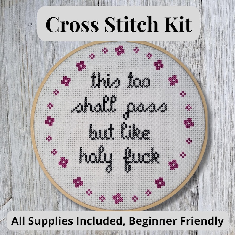 Snarky Cross Stitch Kit: This Too Shall Pass, Beginner DIY Embroidery image 1