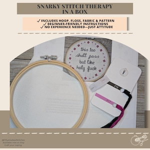 May include: A cross-stitch kit with a wooden embroidery hoop, white Aida cloth, floss, and a pattern card. The pattern reads "this too shall pass but like holy fuck".