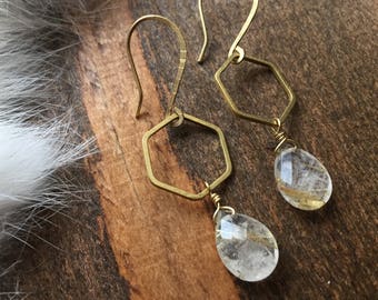 Golden Rutilated Quartz Briolette Hexagon Earrings