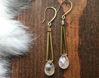 Golden Rutilated Quartz Hemeli Style Brass Earrings