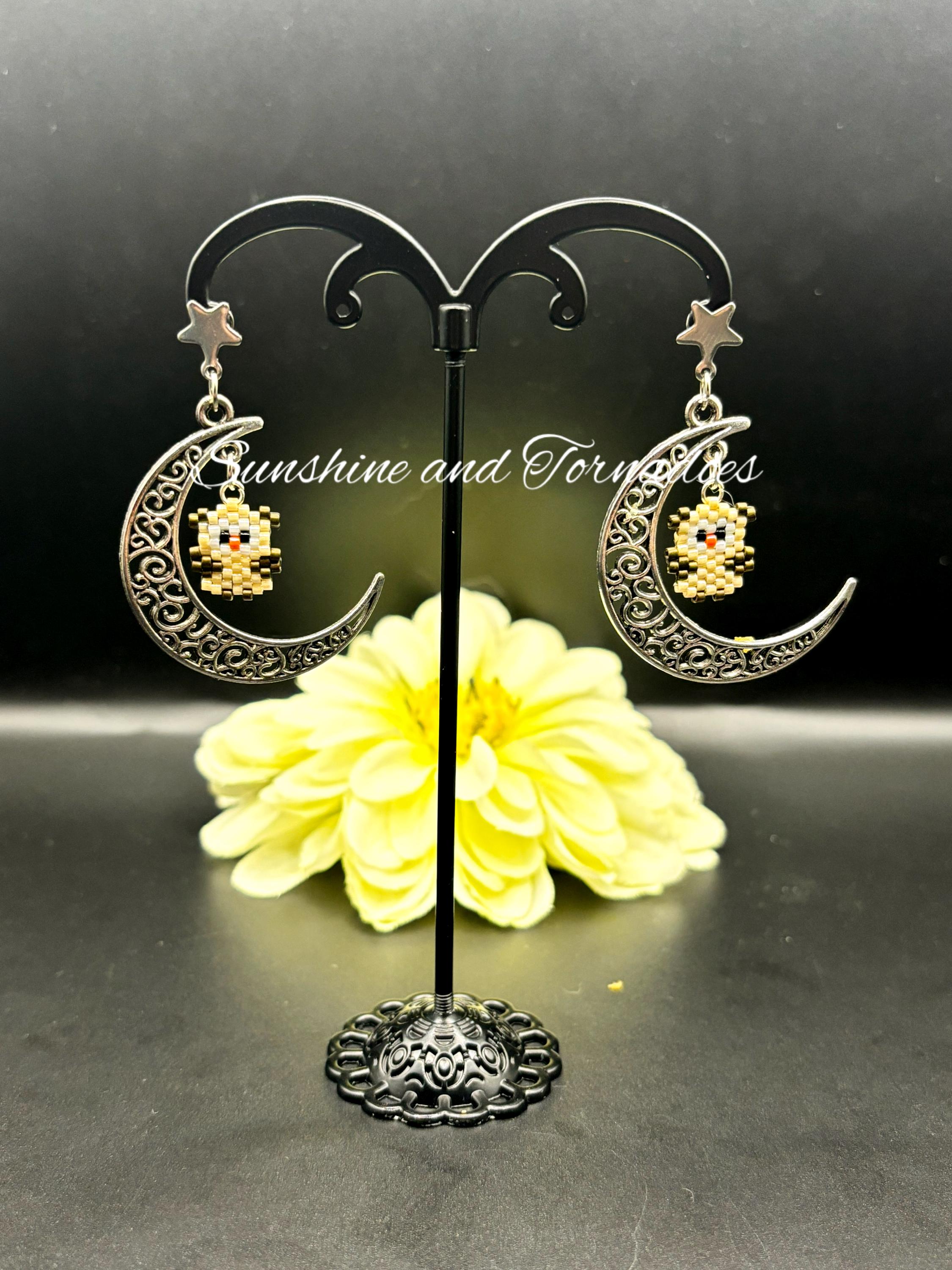 Hand Crafted Owl in Moon Earrings - Bead work Jewellery - Drop Earrings - Birds - Hypoallergenic Ear