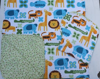 Jungle Animals Flannel Baby Blanket and Burp Cloth Set