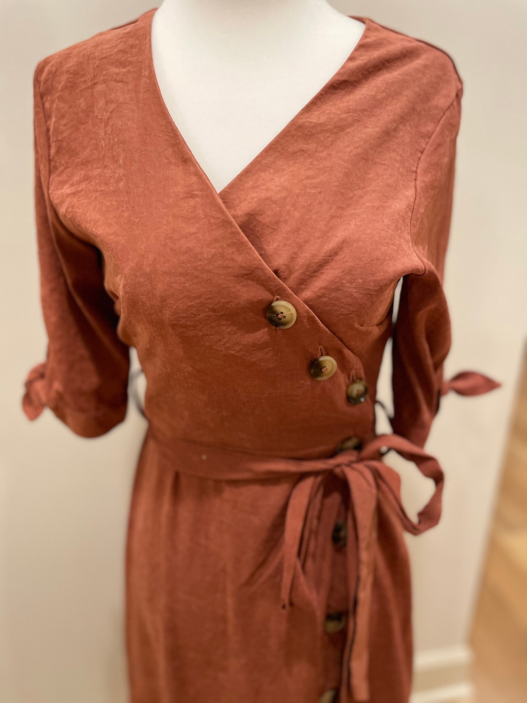 orange wrap midi dress