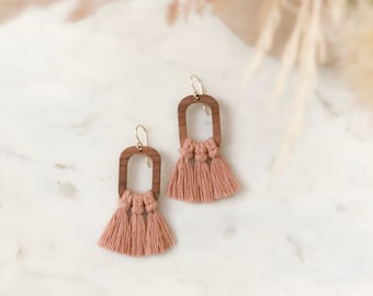 Macrame Earrings, Tassel Earrings, Wood Earrings, Boho Earrings, Gold Earrings, Neutral Statement Earrings, Dangle Earrings, Fringe Earrings