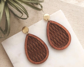 Wood Earrings, Dangle Earrings, Wooden Jewelry, Gold Earrings, Boho Earrings, Teardrop Earrings, Neutral Earrings, Leather Earrings