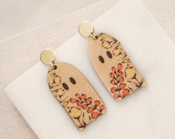 Wood Earrings, Halloween Earrings, Wooden Jewelry, Gold Earrings, Boho Earrings, Ghost Earrings, Neutral Earrings, Boho Ghost, Floral Ghost