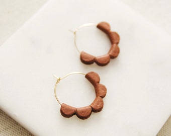 Hoop Earrings, Leather Earrings, Boho Earrings, Gold Earrings, Scallop Hoop Earrings, Dangle Earrings, Brown Leather Earrings