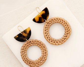 Dangle Earrings, Rattan Earrings, Boho Jewelry, Gold Earrings, Neutral Earrings, Modern Minimal Earrings, Tortoise Earrings, Wood Earrings