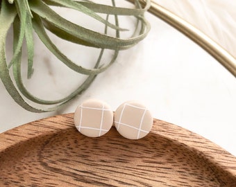 Clay Stud Earrings, Neutral Earrings, Modern Jewelry, Clay Jewelry, Boho Jewelry, Neutral Jewelry, Grid Earrings, Tan Plaid Earrings