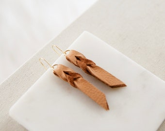 Tan Earrings, Leather Earrings, Knot Earrings, Dangle Earrings, Minimal Earrings, Gold Earrings, Boho Earrings, Gifts for Her